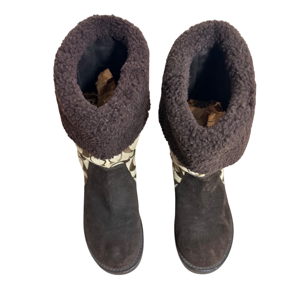 Coach Kally Signature Suede Winter Boots Women Brown Khaki Faux Fur Good 6.5 B - Picture 5 of 16